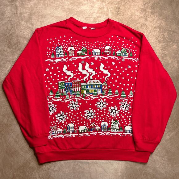 Vintage 90s Holiday Village Puffy Print Graphic Sweatshirt Winter Christmas Red - Picture 1 of 6